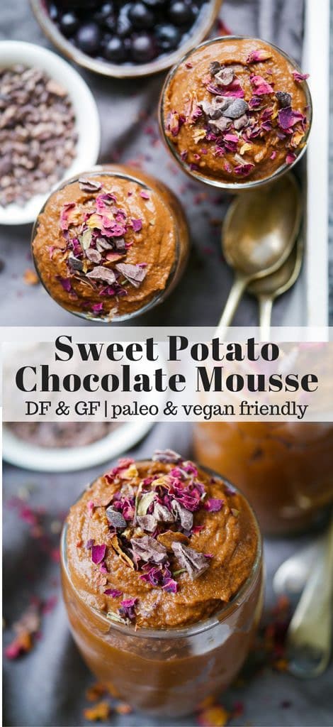 Sweet potato chocolate mousse in a dessert glass Pinterest graphic