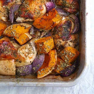 Tray baked roast chicken with pumpkin, sage and red onion is easy to prepare, healthy and delicious! A family friendly dinner; gluten free and dairy free. Recipe via wordpress-6440-15949-223058.cloudwaysapps.com