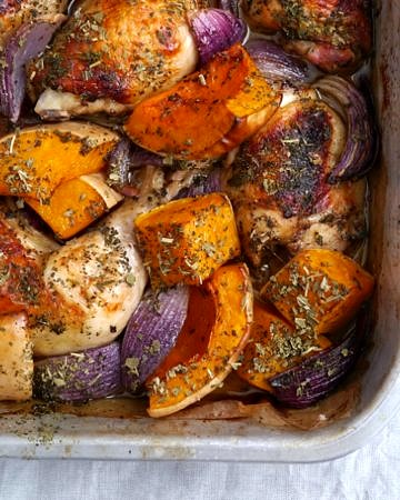 Tray baked roast chicken with pumpkin, sage and red onion is easy to prepare, healthy and delicious! A family friendly dinner; gluten free and dairy free. Recipe via wordpress-6440-15949-223058.cloudwaysapps.com
