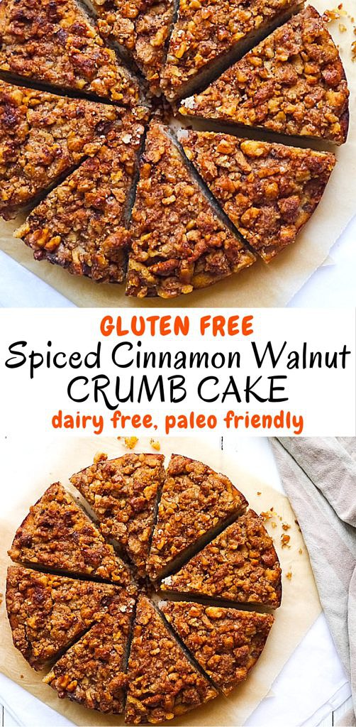 This grain free spiced cinnamon walnut crumb cake is made with healthy high fibre coconut flour. Dairy free and with the most delicious crumb topping! The recipe is paleo friendly.
