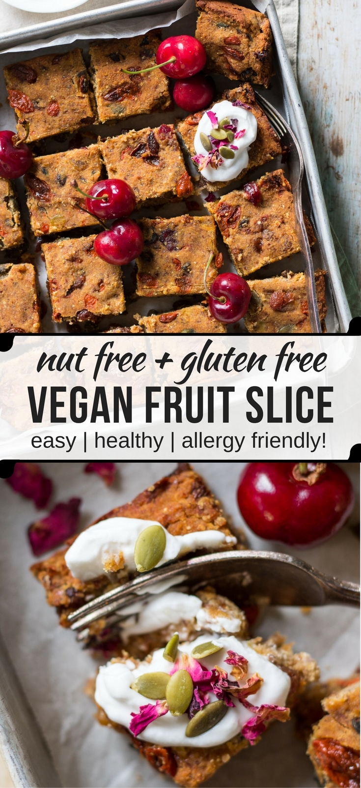 Nut Free Vegan Fruit Slice - a #glutenfree healthier sweet treat loaded with dried fruit, banana, coconut flour and tahini. So yum! #vegan #fruitcake #nutfree