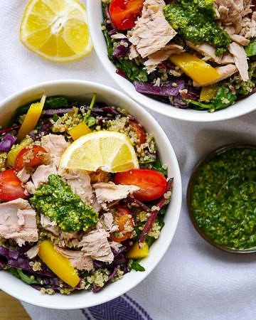 Tuna with Pesto Quinoa Salad by Nourish Everyday - a healthy, gluten free and nourishing, protein packed salad!
