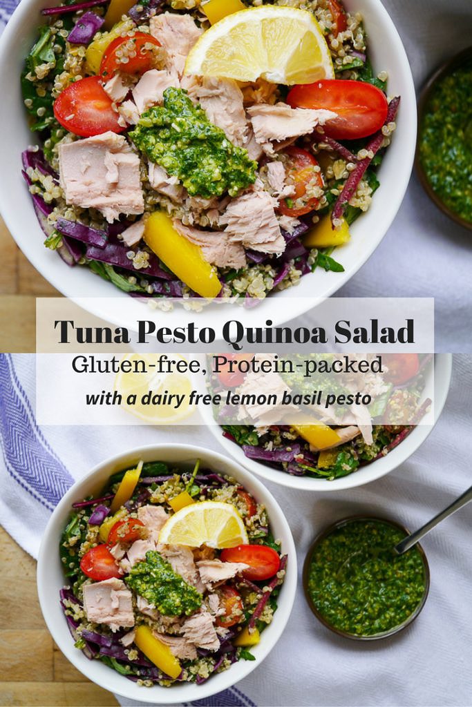 Tuna Pesto Quinoa Salad makes a healthy lunch or easy dinner. It packs a protein punch, has lots of crunchy veggies and is full of that delicious basil pesto flavour!