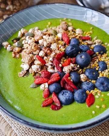 A low sugar green vegetable smoothie bowl made without fruit and packed with protein. It's surprisingly sweet and delicious! Dairy free, vegan, paleo. Recipe via wordpress-6440-15949-223058.cloudwaysapps.com