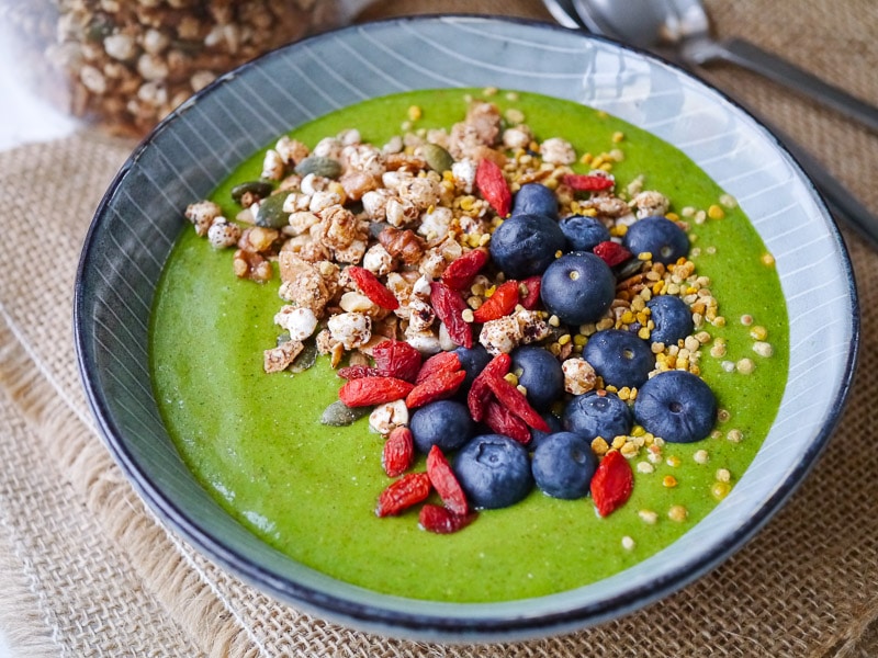 A low sugar green vegetable smoothie bowl made without fruit and packed with protein. It's surprisingly sweet and delicious! Dairy free, vegan, paleo