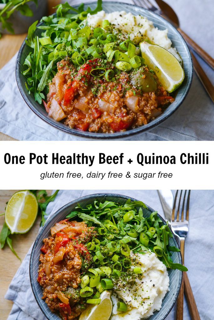One Pot Healthy Beef & Quinoa Chilli - this super simple recipe combines veggies, protein and quality carbs in one pot to make an amazing healthy dinner! Gluten free, dairy free and sugar free. Recipe via wordpress-6440-15949-223058.cloudwaysapps.com