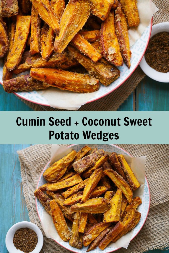 Incredibly tasty cumin and coconut sweet potato wedges, toasted in cumin seed and coconut flour. Healthy, delicious, easy, vegan and gluten free! Recipe via wordpress-6440-15949-223058.cloudwaysapps.com