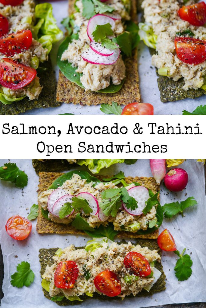 Salmon, Avocado and Tahini Open Sandwiches | wordpress-6440-15949-223058.cloudwaysapps.com | a healthy, easy and economical sandwich filling using canned salmon paired with fresh avocado and creamy tahini for healthy fats. Delicious, dairy free and sugar free!