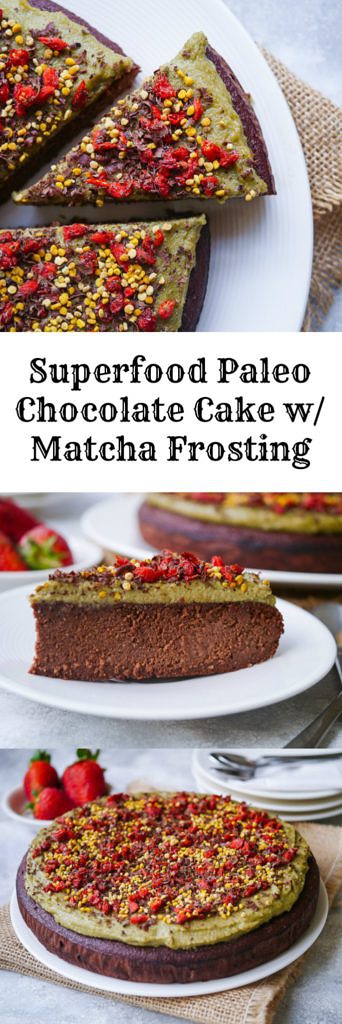 Superfood Paleo Chocolate Cake with Matcha Frosting - this luscious grain-free cake is free from gluten, dairy and refined sugar yet still so incredibly delicious, with a rich, truly chocolatey flavour! Made with almond flour & coconut flour.