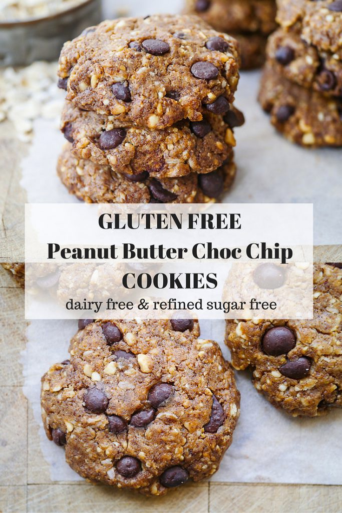 Gluten free, flourless Peanut Butter Oat Choc Chip Cookies made with natural peanut butter, rolled oats and studded with delicious dark choc chips. Sweetened with stevia and dairy free!