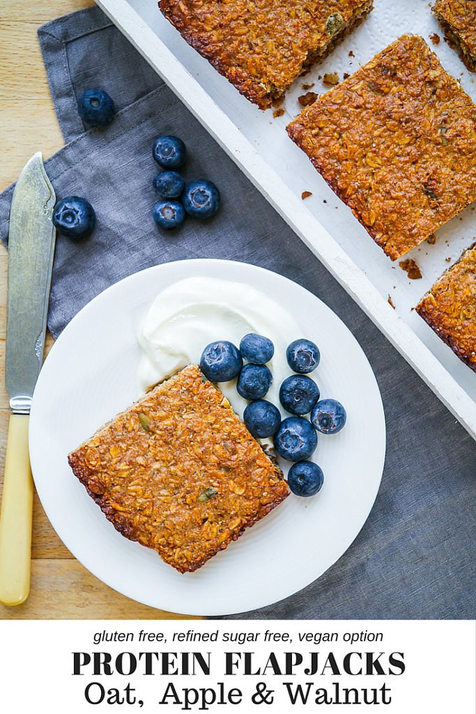 Oat, Apple & Walnut Protein Flapjacks - the perfect healthy snack, gluten free and refined sugar free, with a simple vegan option too!