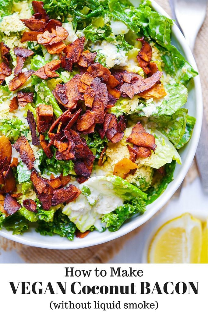 This vegan coconut 'bacon' without liquid smoke uses just a handful of pantry ingredients to get you a savoury, crunchy vegan bacon replacement to top your salads with!