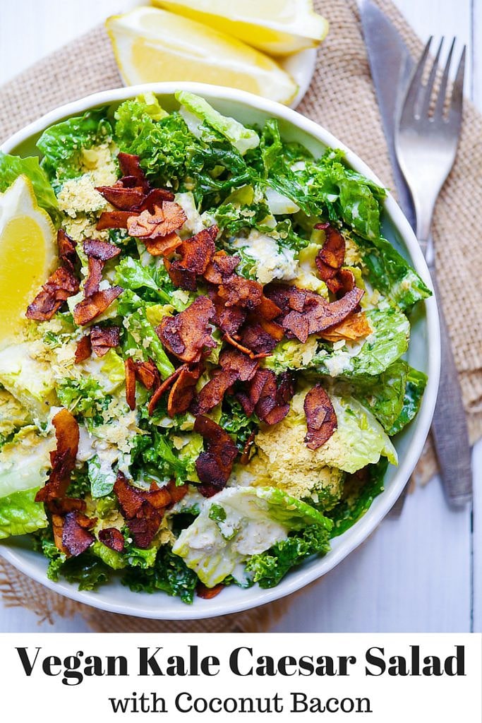 Vegan Kale Caesar Salad with Coconut Bacon - Nourish Everyday