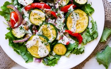 Roasted Zucchini Salad with Yoghurt Dill Dressing - This healthy roasted zucchini salad recipe is quick and easy to prepare. Gluten free & grain free, topped with a creamy yoghurt-dill dressing! Recipe via wordpress-6440-15949-223058.cloudwaysapps.com