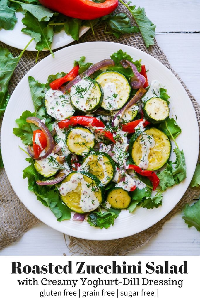 Roasted Zucchini Salad with Creamy Yoghurt Dill Dressing - this healthy roasted zucchini salad is really easy to make and packed full of colourful vegetable goodness. The perfect side dish, gluten free, grain free and sugar free! Recipe via wordpress-6440-15949-223058.cloudwaysapps.com
