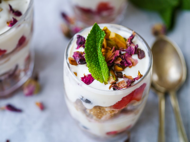 No Bake Healthy Berry Rose Trifle; this beautiful summery dessert is gluten free, refined sugar free and lightened up with Greek yoghurt and rosewater.