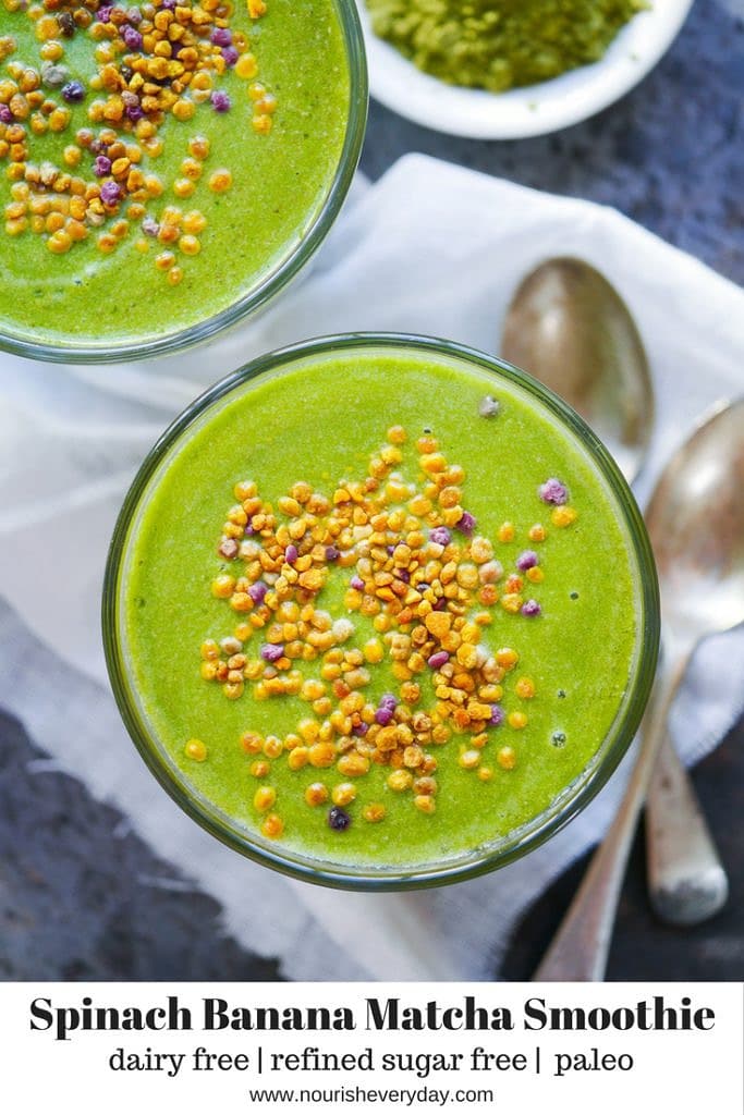 This spinach, banana and matcha smoothie is bursting with goodness and makes a great quick healthy breakfast or snack. A nutritious blend of fruit, veggies, chia, coconut and antioxidant rich matcha green tea!