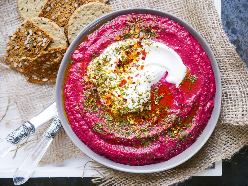 Dairy free Beetroot Lentil Dip recipe. Easy to make, bright, healthy and delicious! A great healthy appetiser or snack that's gluten free and vegan.