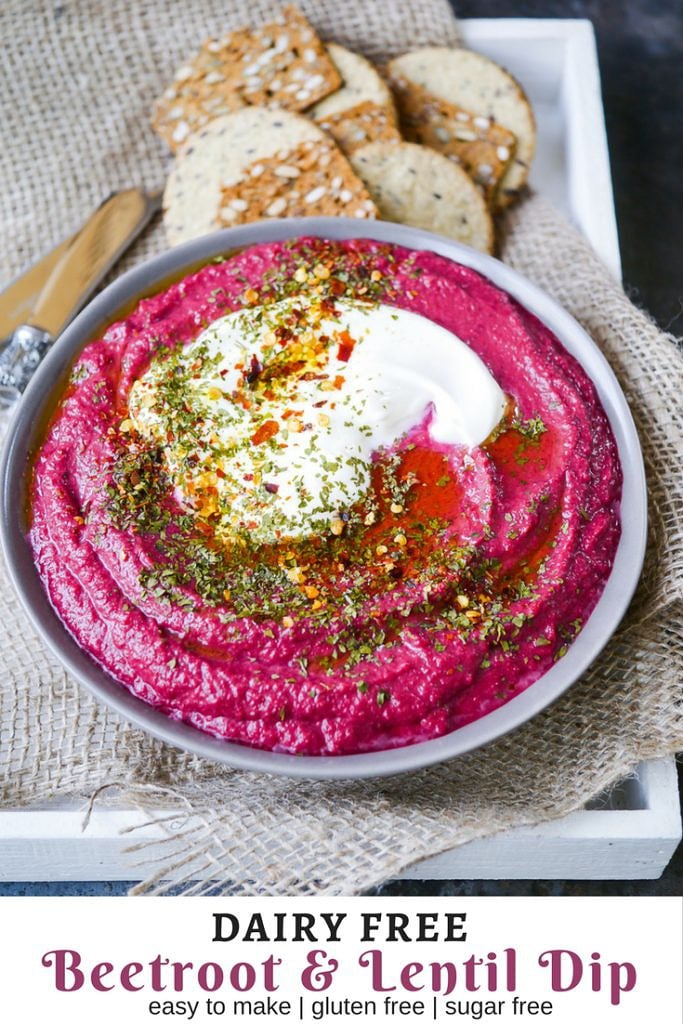 Easy to make, bright, healthy and delicious! A great healthy appetiser or snack that's gluten free and vegan. Perfect for entertaining! #healthysnack #beetrootdip