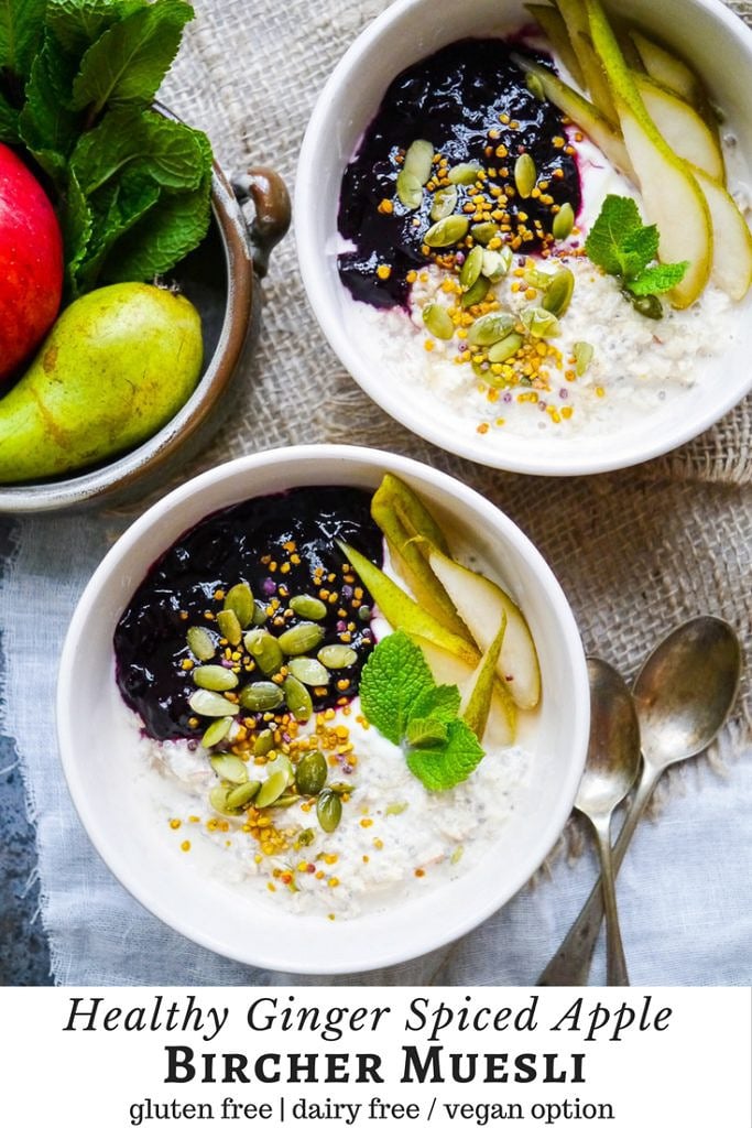 Ginger spiced apple bircher muesli is a healthy breakfast that's easy to make ahead. With a base of gluten free oats and chia seeds, you can also make this dairy free using coconut yoghurt. #birchermuesli #healthybreakfast