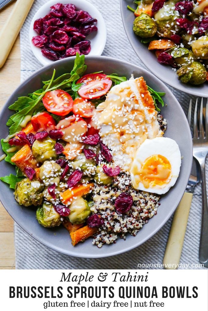 Healthy grain bowl idea - this Maple Tahini Brussels Sprouts Quinoa Bowl packed with vegetable goodness! Dairy free, gluten free & nut free, with a vegan or vegetarian option.