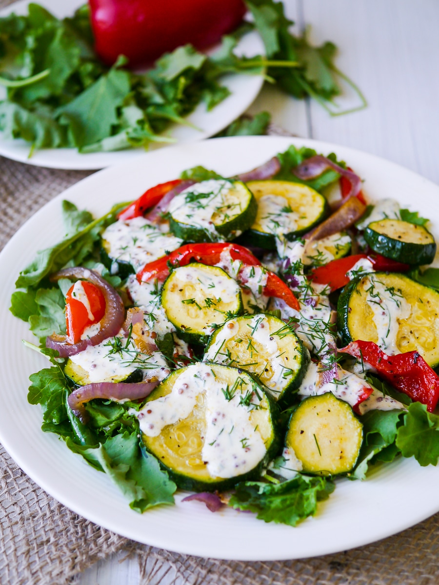 Roasted Zucchini Salad with Yoghurt Dressing - Nourish Every Day