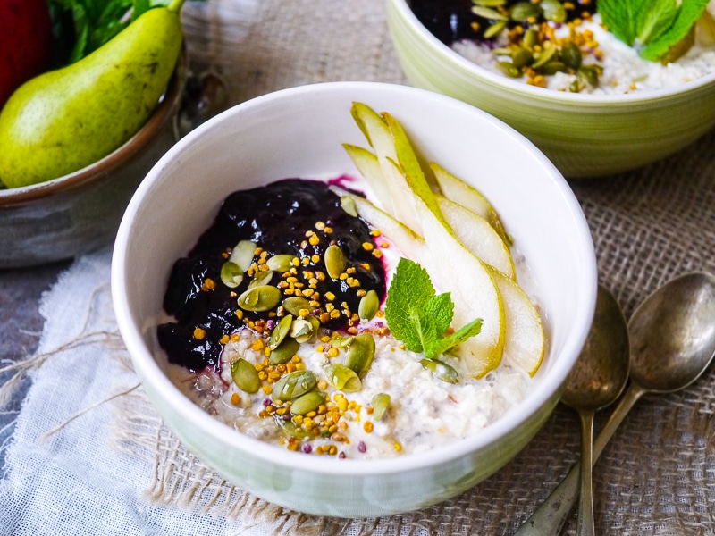 Ginger spiced apple bircher muesli is a healthy breakfast that's easy to make ahead. With a base of gluten free oats and chia seeds, you can also make this bircher muesli dairy free.