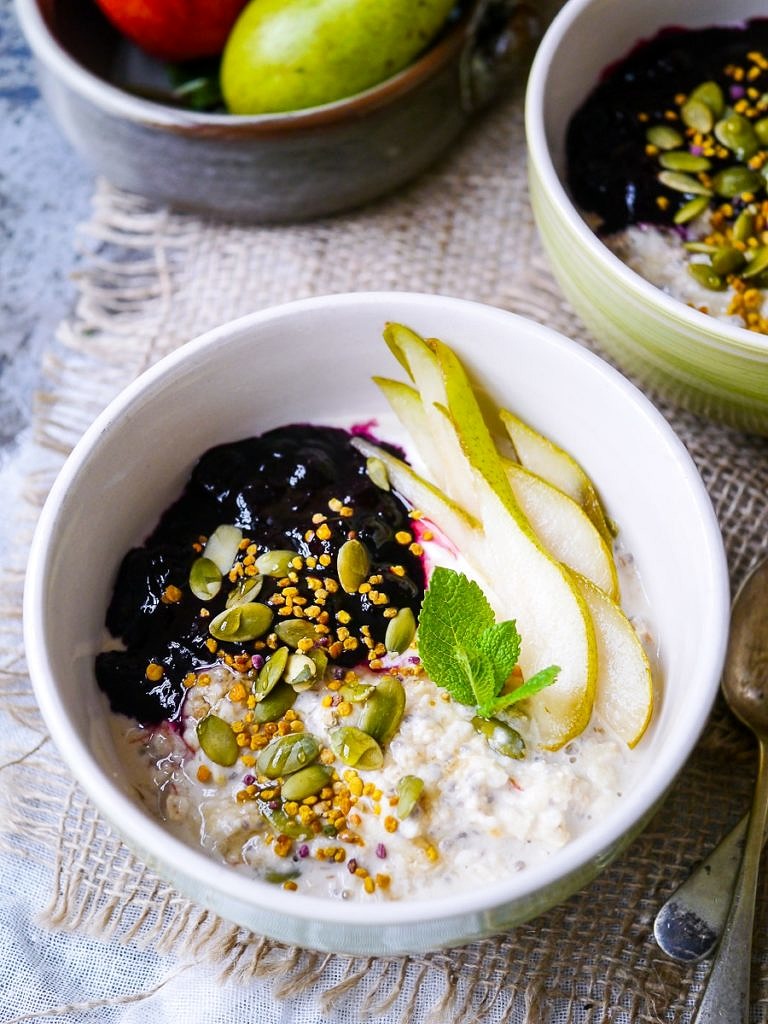 Ginger spiced apple bircher muesli is a healthy breakfast that's easy to make ahead. Made with gluten free oats, almond milk and chia seeds, you can also make this dairy free using coconut yoghurt.
