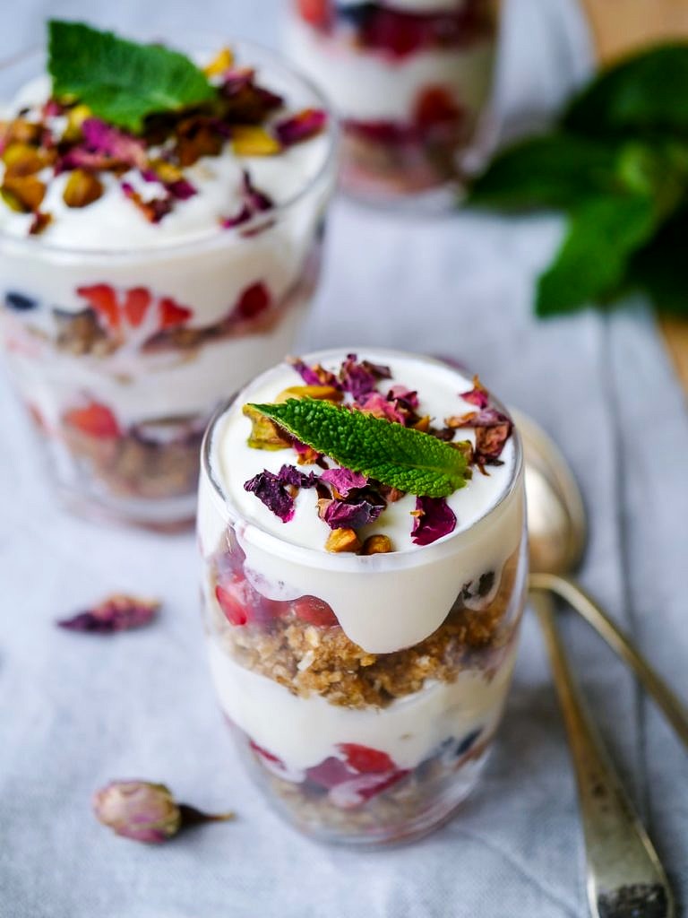 No Bake Healthy Berry Rose Trifle; this beautiful summery dessert is gluten free, refined sugar free and lightened up with Greek yoghurt and rosewater.