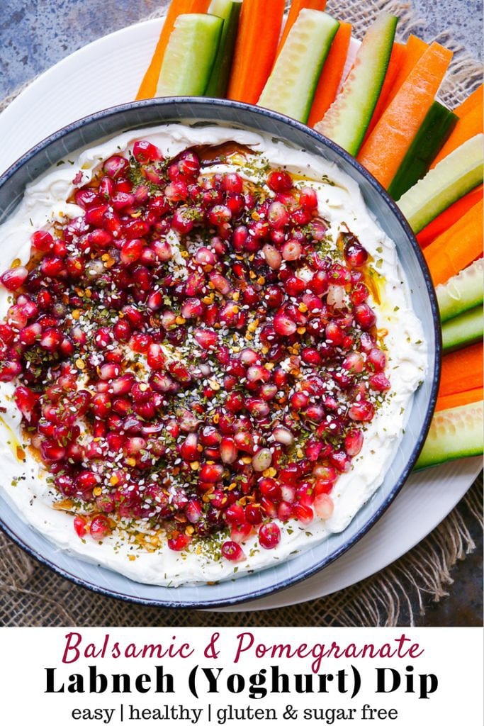 Balsamic Pomegranate Labneh Dip. Strained yoghurt dip plated up with pomegranate arils, balsamic vinegar and dried herbs on top. A healthy appetiser that is just perfect for entertaining and parties!