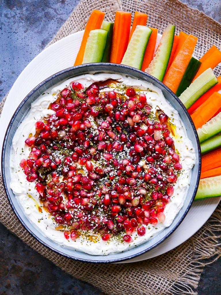 Balsamic Pomegranate Labneh Dip is a simple healthy sugar free appetiser that's so easy to make! Labneh is made by straining yoghurt for a deceptively creamy, indulgent result. This is perfect for entertaining and parties!