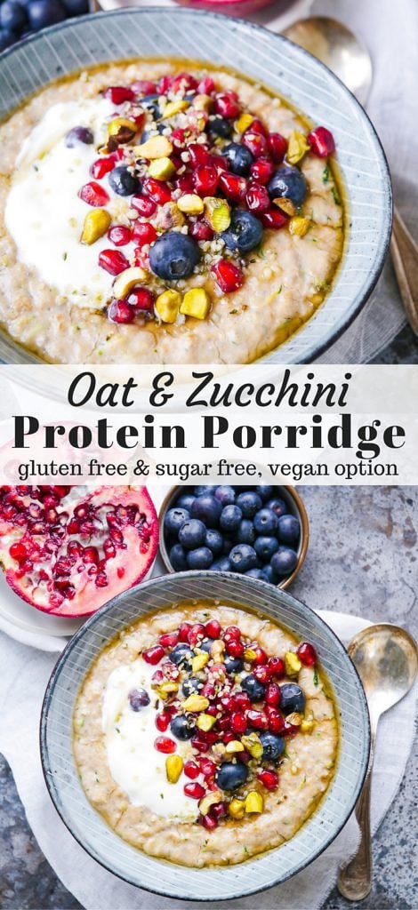 Oat and Zucchini Protein Porridge is a delicious, satisfying breakfast! A healthy combination of grated zucchini, oats and protein powder. Gluten free and there's a vegan option too.