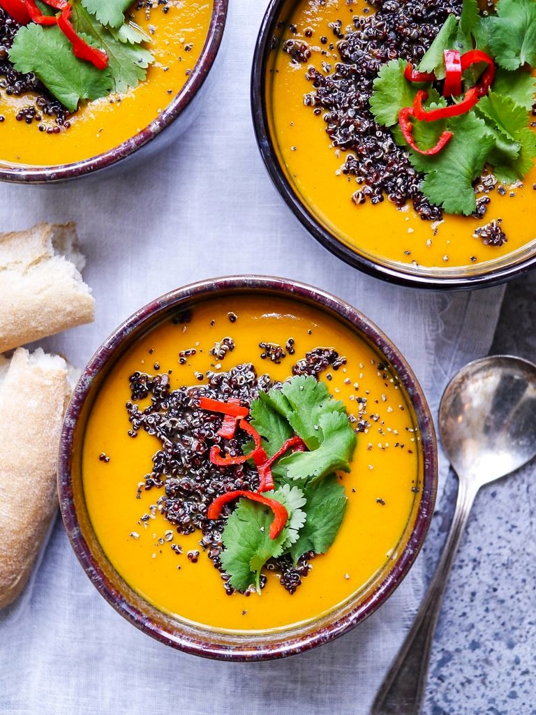 Spiced sweet potato and capsicum soup is healthy and warming. Roasted vegetables and delicious spices combine in this easy gluten free, dairy free meal.