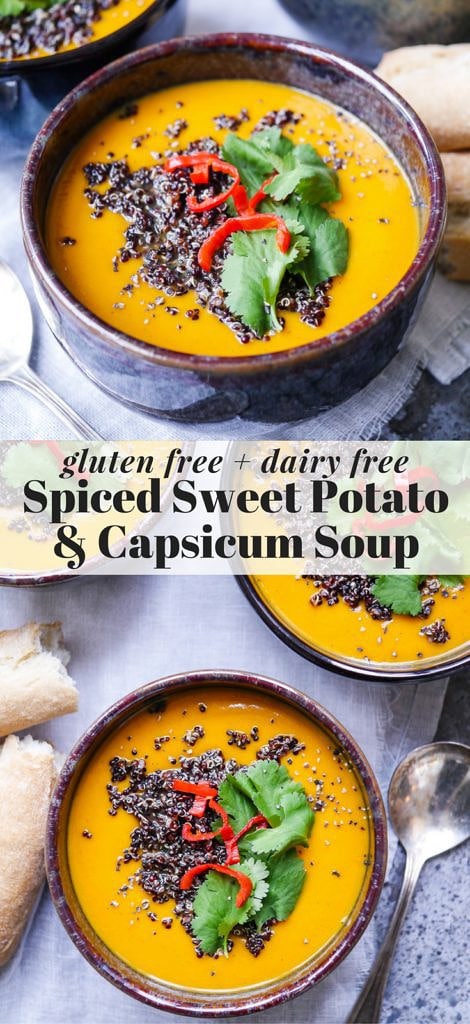 Healthy spiced sweet potato and capsicum soup! Roasted vegetables and delicious spices combine in this easy gluten free, dairy free meal.