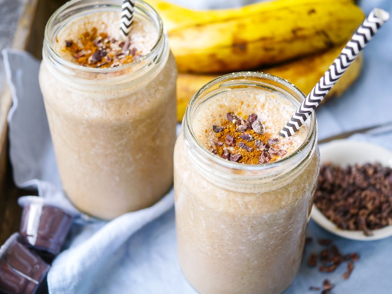 Energise with this Espresso and Maca Banana Smoothie! Gluten free, dairy free and vegan friendly, a great healthy snack or breakfast.