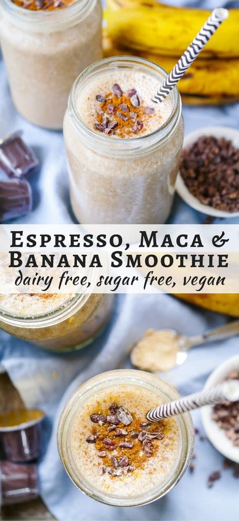 Energise with this Espresso and Maca Banana Smoothie! Gluten free, dairy free and vegan friendly, a great healthy snack or breakfast.