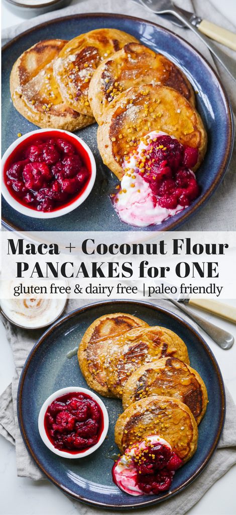 Maca coconut flour pancakes for one are super easy and quick to make. Gluten free, dairy free and paleo. Delicious and healthy!