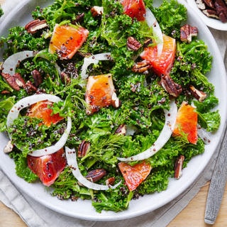 A vibrant, healthy massaged kale and blood orange salad. Finished with crunchy pecans! Gluten free, dairy free and vegan friendly. Recipe via wordpress-6440-15949-223058.cloudwaysapps.com