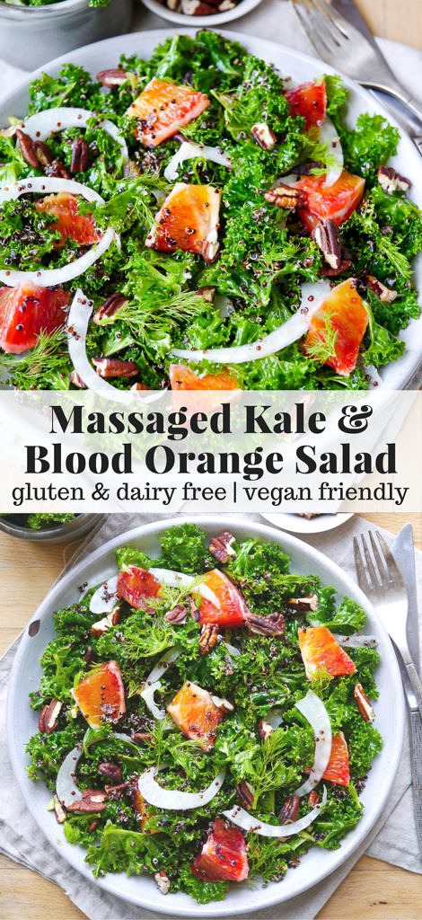 A vibrant, healthy massaged kale and blood orange salad. Finished with crunchy pecans! Gluten free, dairy free and vegan friendly