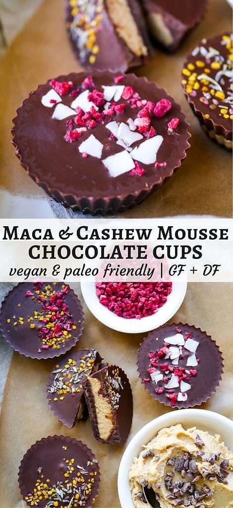 Maca Cashew Mousse Chocolate Cups are a delicious healthier dessert, and they're vegan and paleo friendly! Gluten free, dairy free and naturally sweetened with maple syrup.