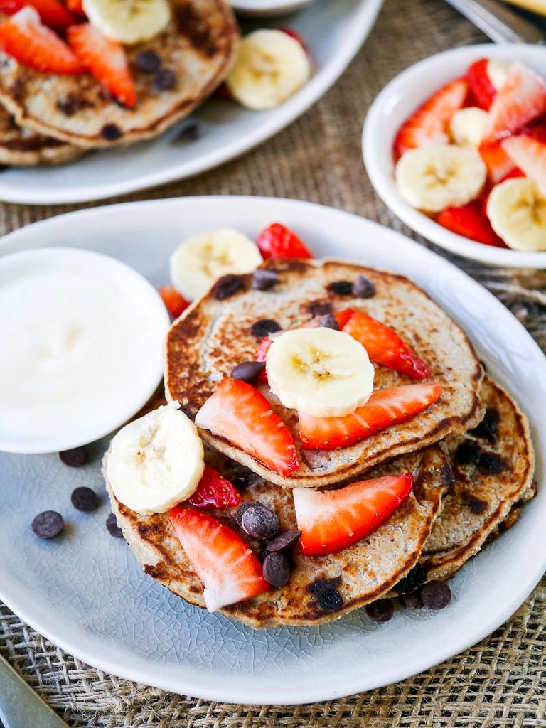 These Vegan Chocolate Chip Banana Pancakes are made gluten free with buckwheat flour, and only naturally sweetened. A healthy but indulgent breakfast!