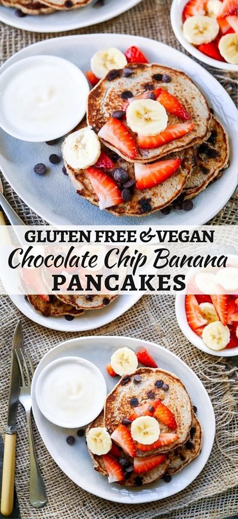 These Vegan Chocolate Chip Banana Pancakes are made gluten free with buckwheat flour, and only naturally sweetened. A healthy but indulgent breakfast!