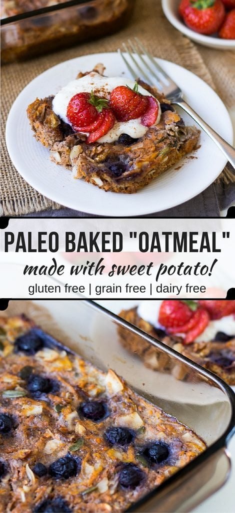 This easy, healthy paleo baked oatmeal or "noatmeal" is a grain free twist on breakfast using sweet potato, flax, coconut and eggs. (gluten free, dairy free)