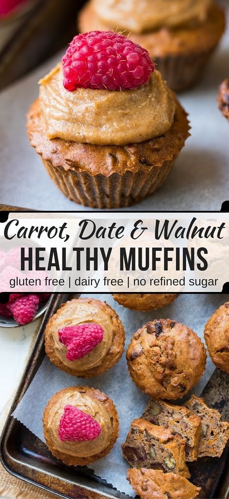 Healthy carrot, date and walnut muffins made with buckwheat flour and almond meal. Gluten free and dairy free, these are the perfect snack to pop in your lunchbox!