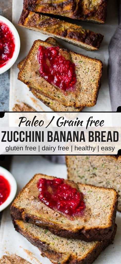 Grain free Zucchini Banana Bread is a low sugar loaf naturally sweetened with bananas and maple syrup. Dairy free, gluten free and paleo, enjoy a slice for breakfast or a healthy snack!