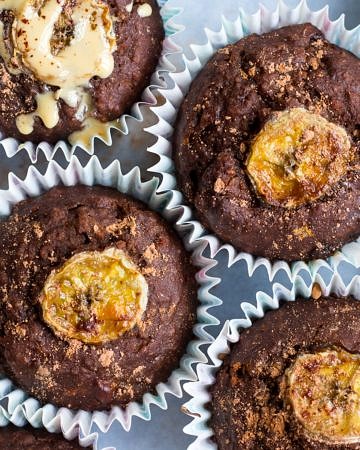 Oat Carob Banana Muffins make a sweet healthier snack or afternoon tea time treat! This easy recipe combines wholegrain oats with buckwheat flour, carob and banana for tasty, nourishing, soft muffins.
