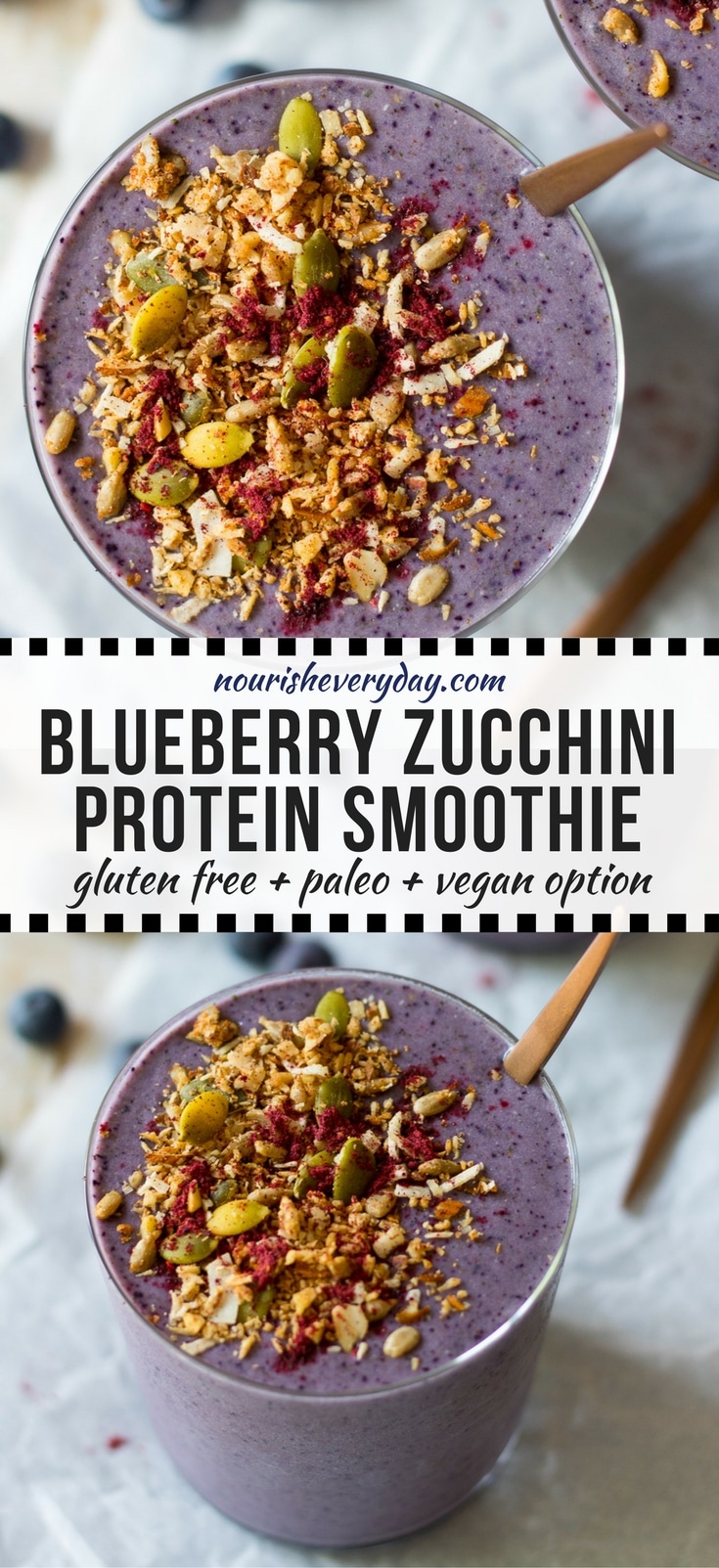 Blueberry Zucchini Protein Smoothie (gluten free, paleo, vegan option) - easy and delicious, this smoothie made with frozen zucchini makes a quick breakfast or post workout healthy snack! #smoothie #postworkout #healthysnacks