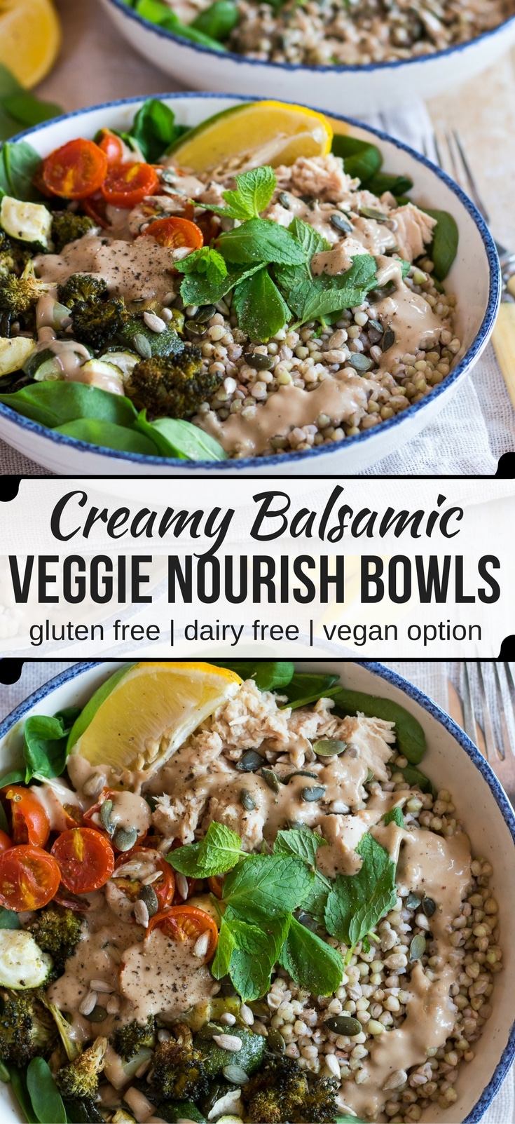 Creamy Balsamic Veggie Nourish Bowls are deliciously #glutenfree and dairy free. Super easy to meal prep, this healthy recipe is flexible and you can mix up your favourite veggies, grain and protein. #nourishbowl #buddhabowl