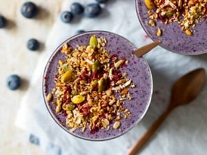 Easy Blueberry Zucchini Protein Smoothie made with frozen zucchini for a super thick creamy smoothie! Healthy, simple and delicious. Gluten free, paleo and with a vegan option.