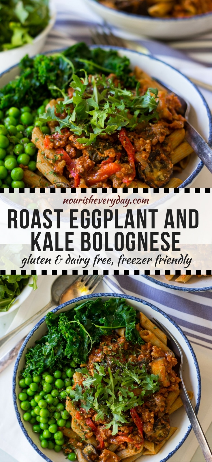 Roast Eggplant and Kale Bolognese is a hearty, healthy meal that's easy to prepare and freezes well too. Gluten free and dairy free, a great sauce over gluten free pasta or spiralised veg for a #paleo option. #healthybolognese #glutenfreepasta